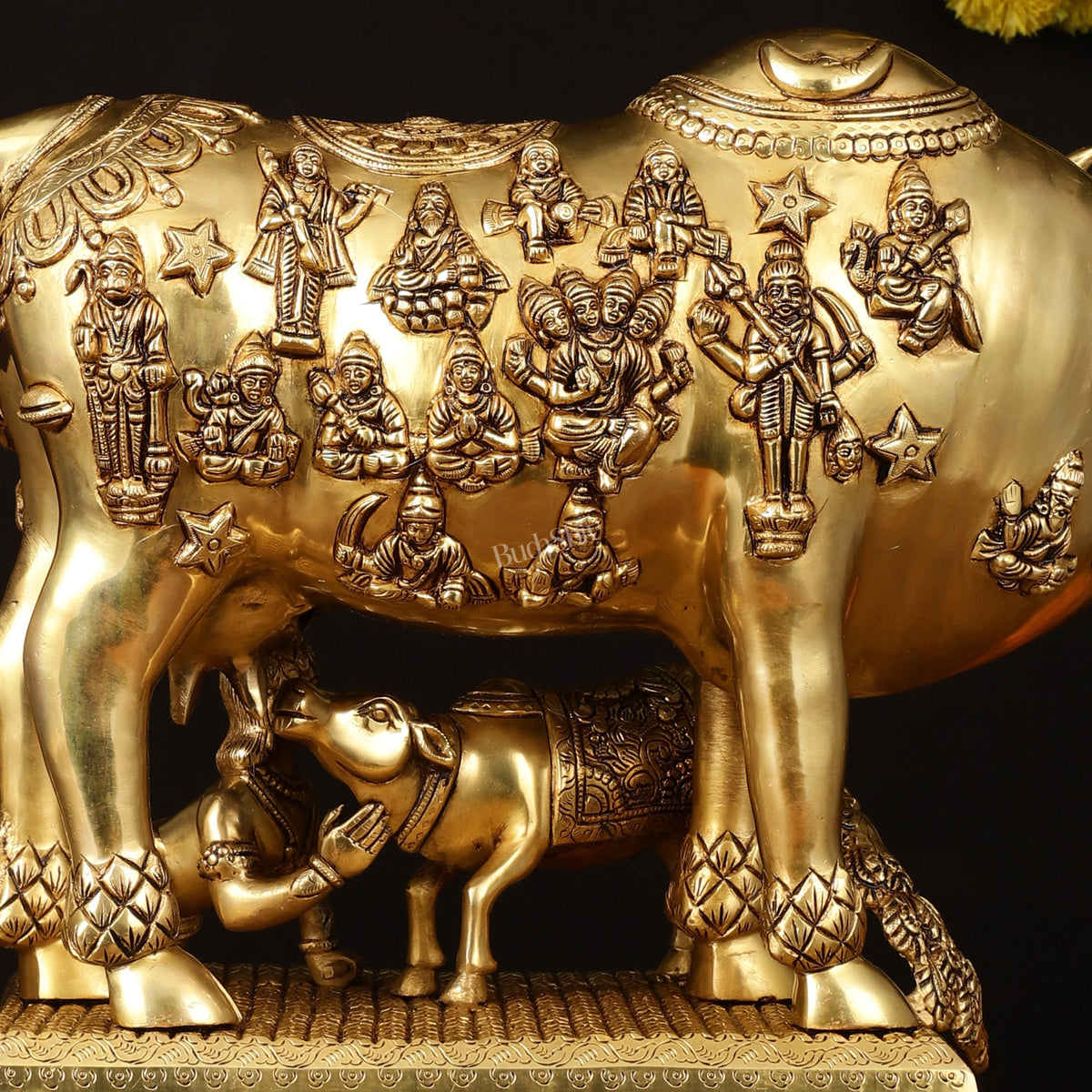 Brass Handcrafted Large Cow with Calf and Hindu Deities 20 inch - Budhshiv.com