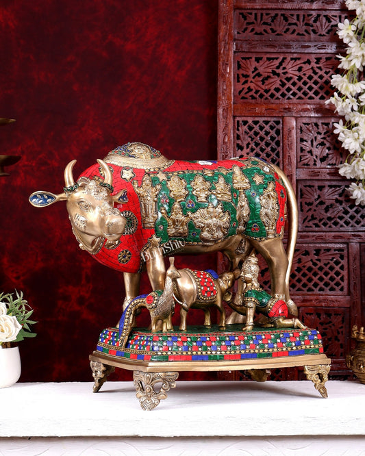 Brass Handcrafted Large-Sized Cow with Calf Engraved with Hindu Deities 20 inch - Budhshiv.com