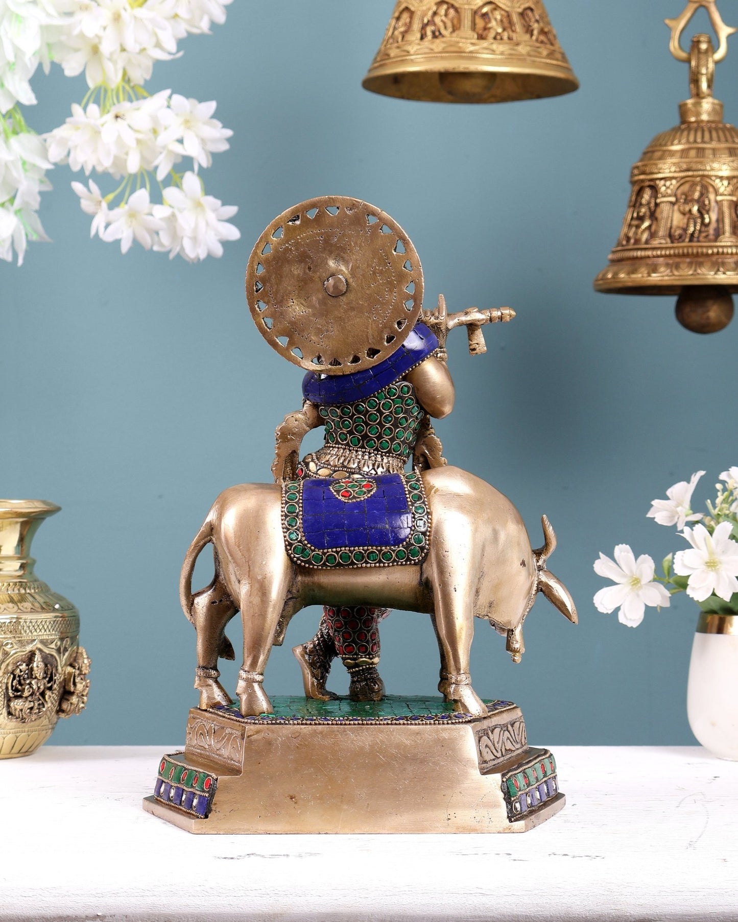 Brass Handcrafted Lord Krishna with Cow | 11.5" with stonework - Budhshiv.com