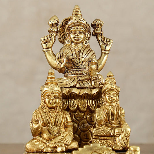 Brass Handcrafted Lord Kuber with Goddess Lakshmi and Chitralekha | Wealth and Prosperity Idol | 6" Height - Budhshiv.com