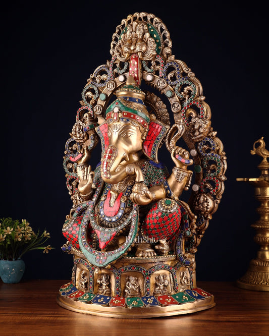 Brass Handcrafted Superfine Lord Ganesha Statue - 26 inch with stonework - Budhshiv.com