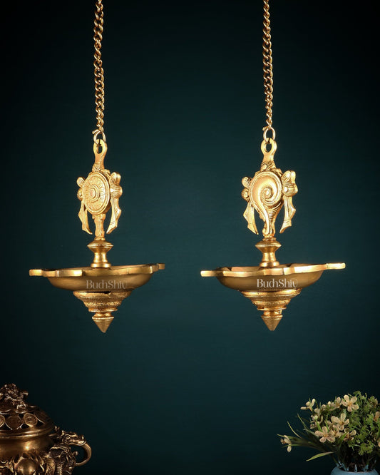Brass Hanging Shankh Chakra Oil Lamps (Pair) with Chain – Traditional Diya Set - Budhshiv.com