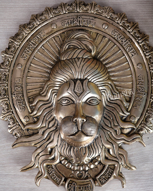 Brass Hanuman Face Wall Hanging with Jai Shri Ram Carvings | 12" - Budhshiv.com