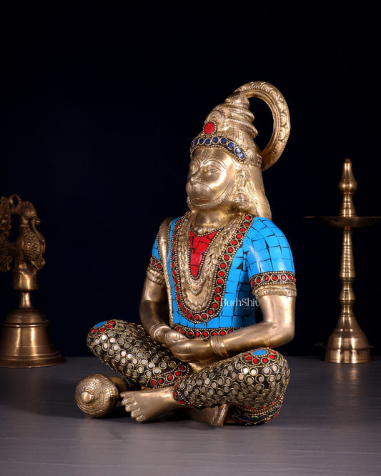 Brass Hanuman Idol in Meditation - 12 inch with stonework - Budhshiv.com