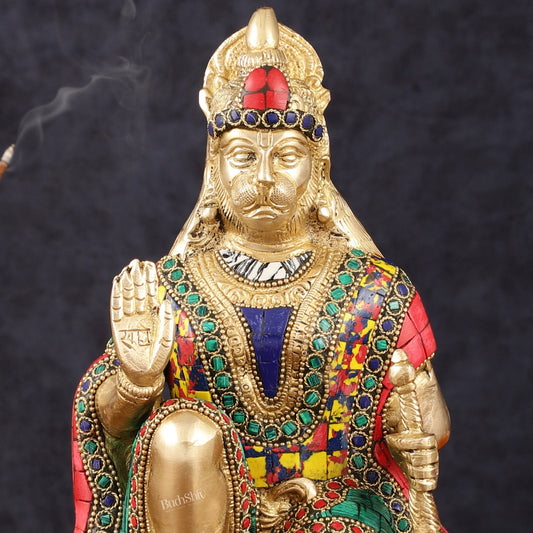 Brass Hanuman Idol with Meenakari Stonework - 9" Height, Symbol of Devotion and Strength - Budhshiv.com