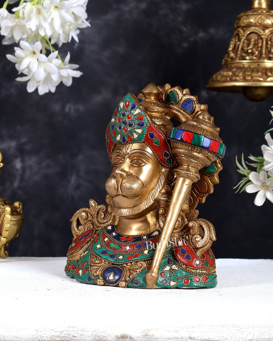Brass Hanuman Ji face statue with Multicolour Stonework - 8" - Budhshiv.com