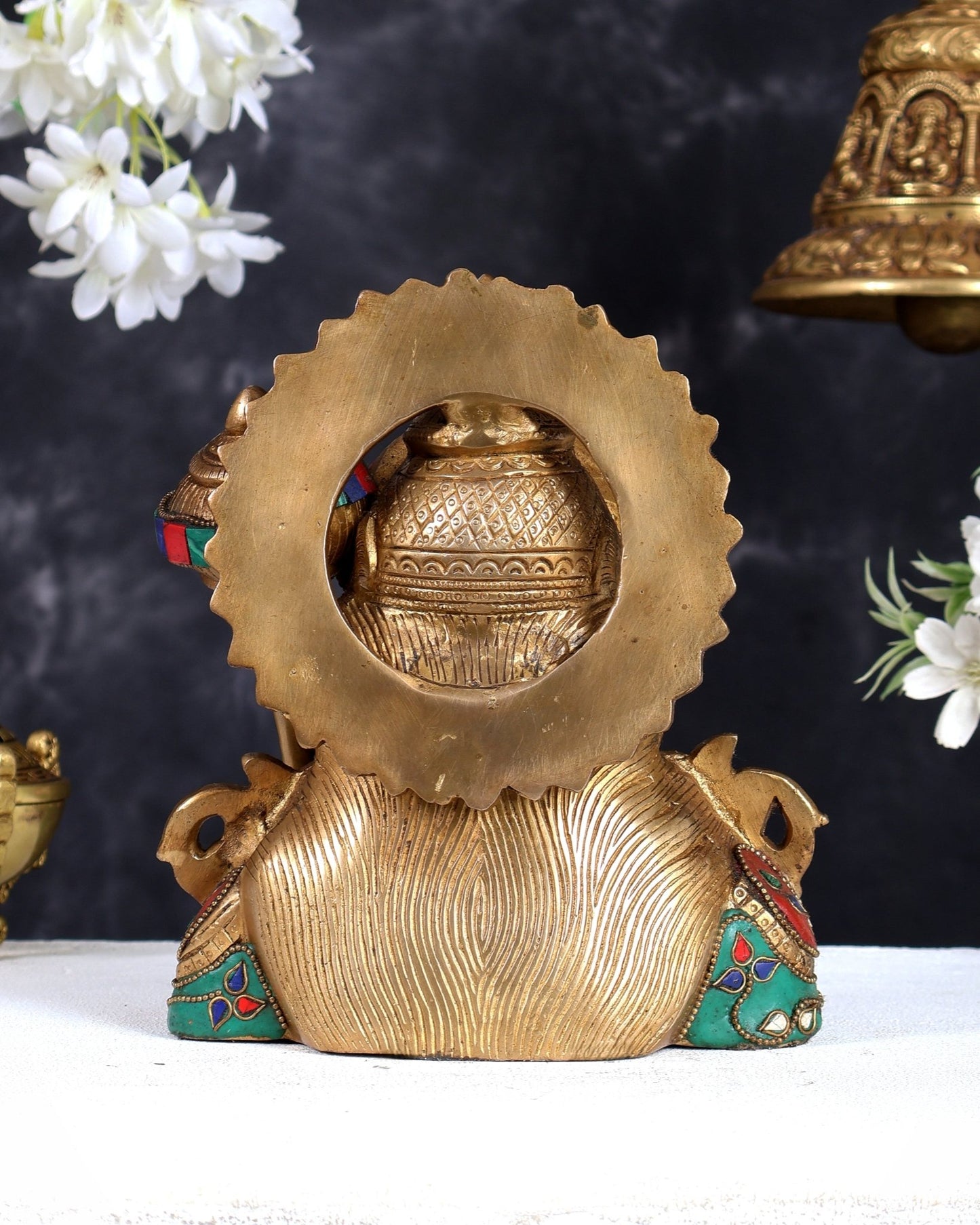 Brass Hanuman Ji face statue with Multicolour Stonework - 8" - Budhshiv.com