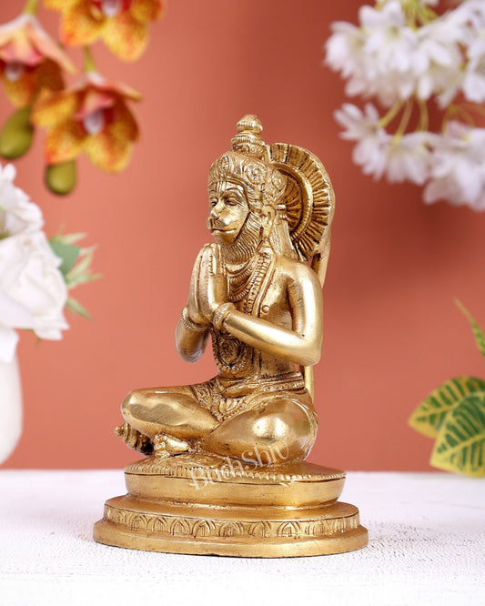 Brass Hanuman Statue Sitting in Anjali Namaskar Mudra (6 Inches) - Budhshiv.com