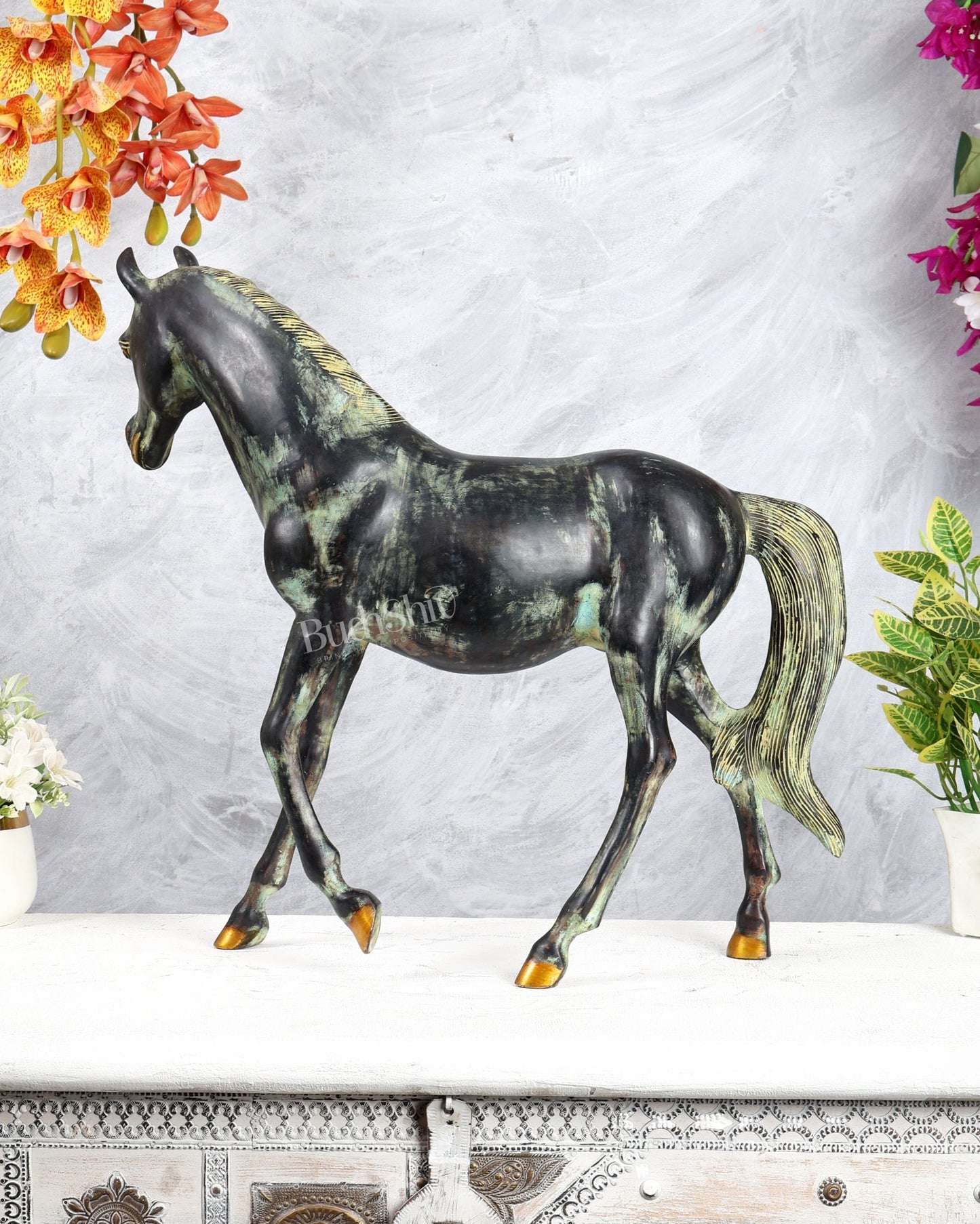 Brass Horse Showpiece One Leg Up – Vastu Approved antique patina tone 18.5 inch - Budhshiv.com