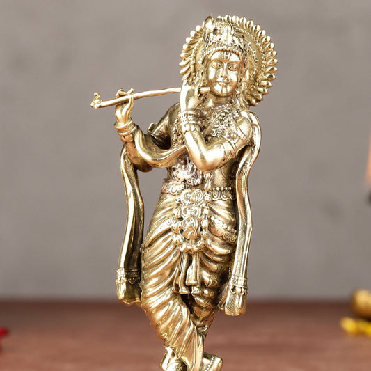 Brass Intricate Lord Krishna Small Idol | 4" - Budhshiv.com