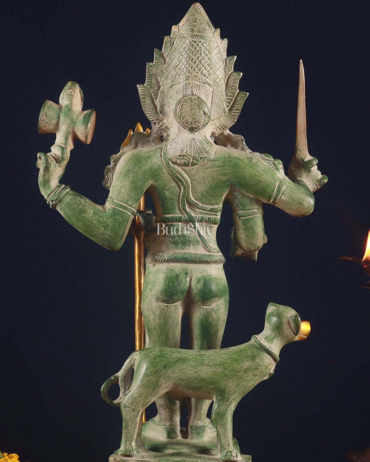 Brass Kaal Bhairava Statue with dog stone finish 18 inch - Budhshiv.com