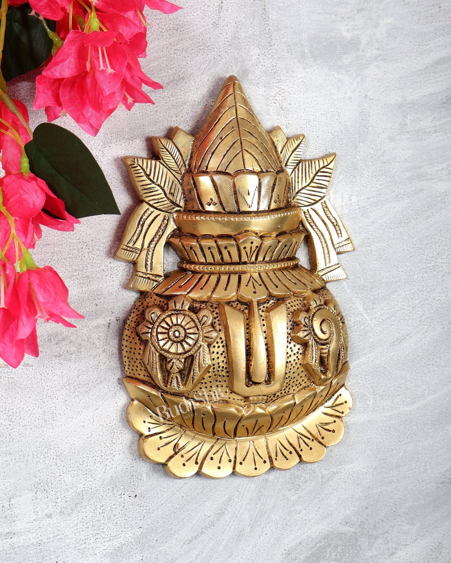 Brass Kalash Shankh Chakra Namah Wall Hanging – Auspicious Vedic Décor Plaque 10" - Budhshiv.com