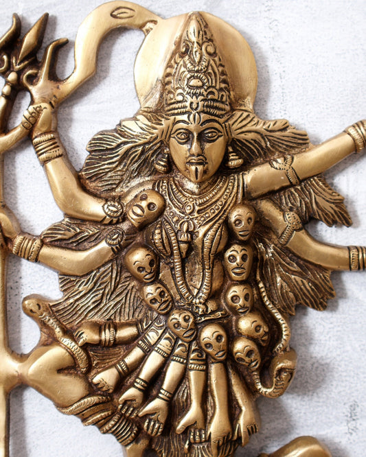 Brass Kali Ma Wall Hanging Panchdeep Diya with Bells – Divine Spiritual Décor 15" - Budhshiv.com