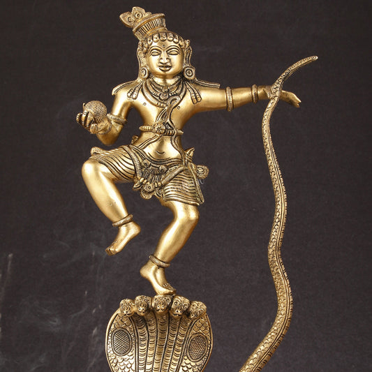 Brass Kalinga Krishna on Kaliya Naag Statue - 18" Height - Budhshiv.com