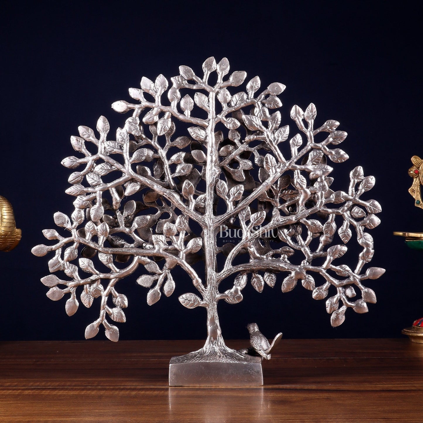 Brass Kalpavriksha tree for tables 11" silver plated - Budhshiv.com