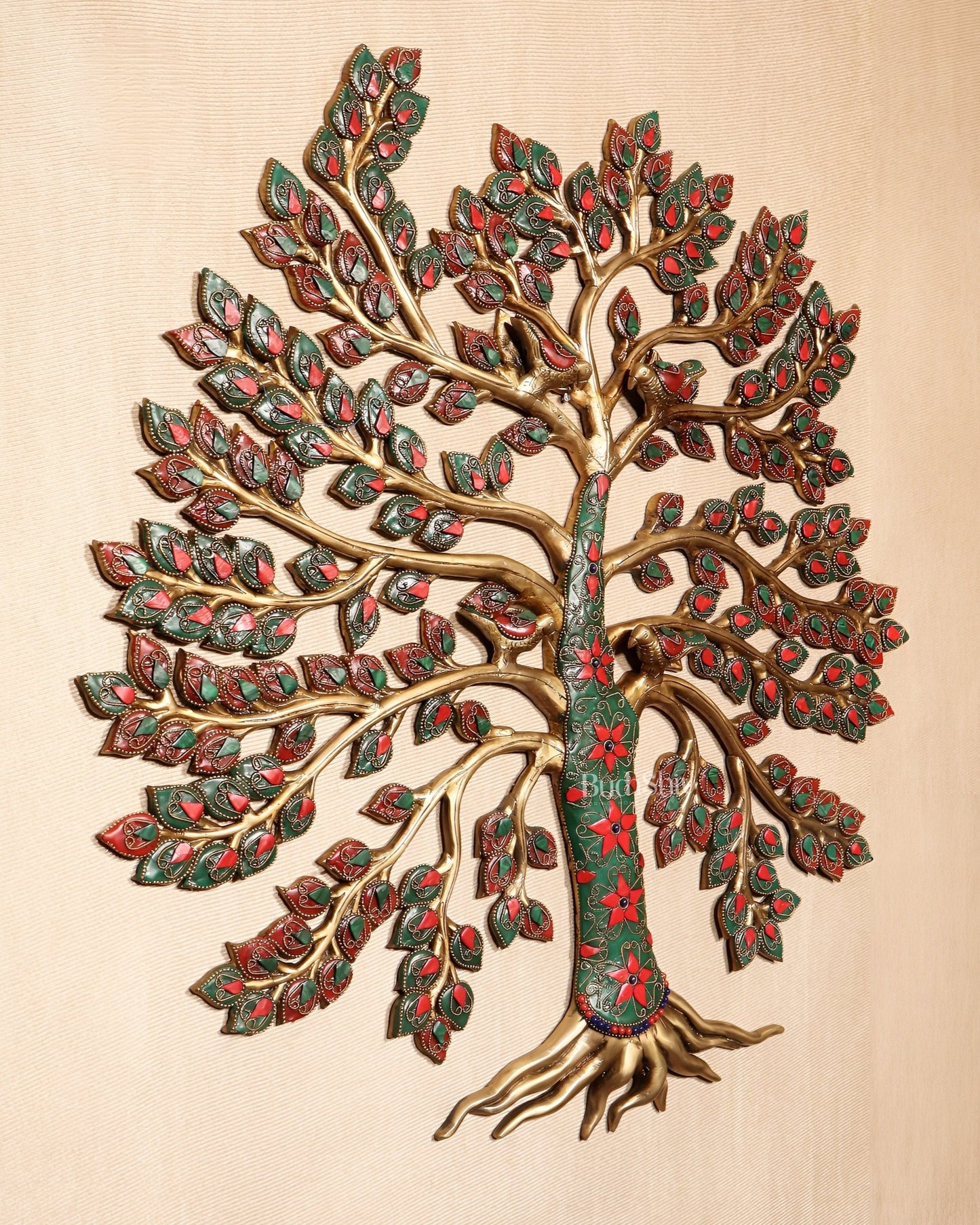 Brass Kalpavriksha Tree of Life Wall Hanging with Birds & Stonework – 23" x 22" - Budhshiv.com