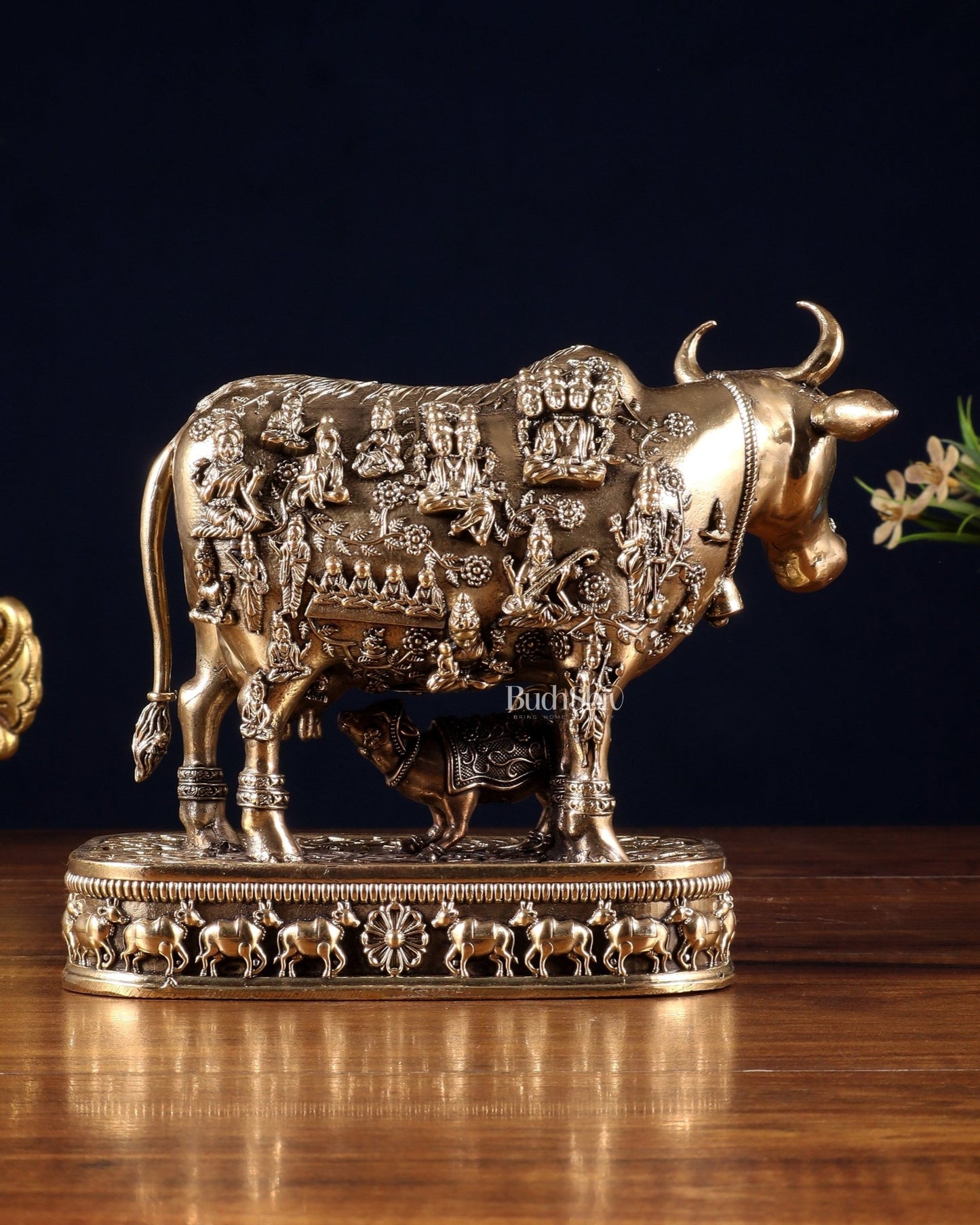 Brass Kamadhenu Cow with Calf – All Deities Engraved 7" - Budhshiv.com