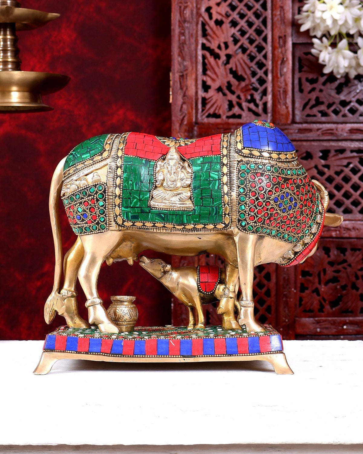 Brass Kamadhenu Cow with Calf Idol 11 inch - Budhshiv.com