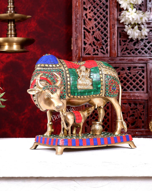 Brass Kamadhenu Cow with Calf Idol 11 inch - Budhshiv.com