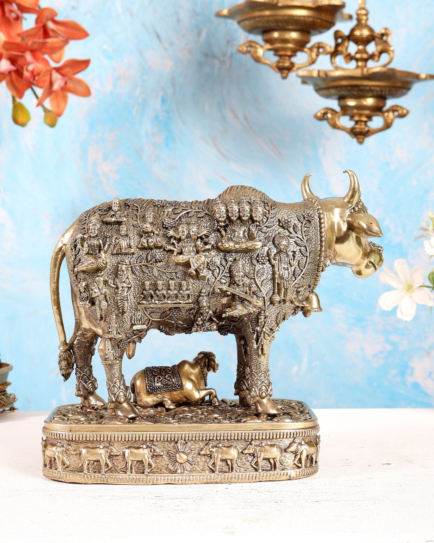 Brass Kamadhenu Cow with Calf Idol – 7.2 Inch Divine Vastu Sculpture with Engraved Gods - Budhshiv.com