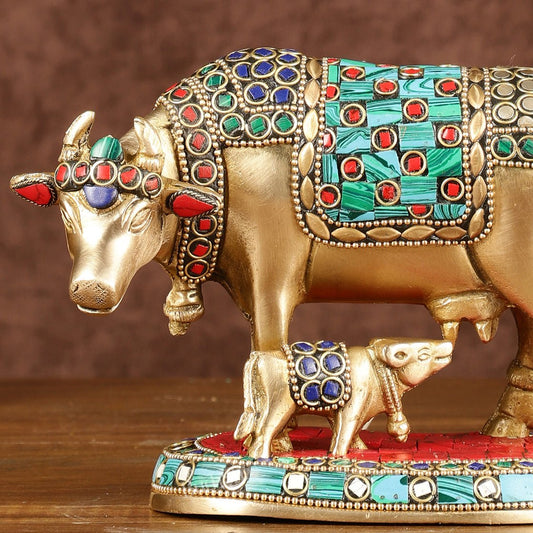 Brass Kamadhenu Cow with Calf Idol | Meenakari 6.5" - Budhshiv.com