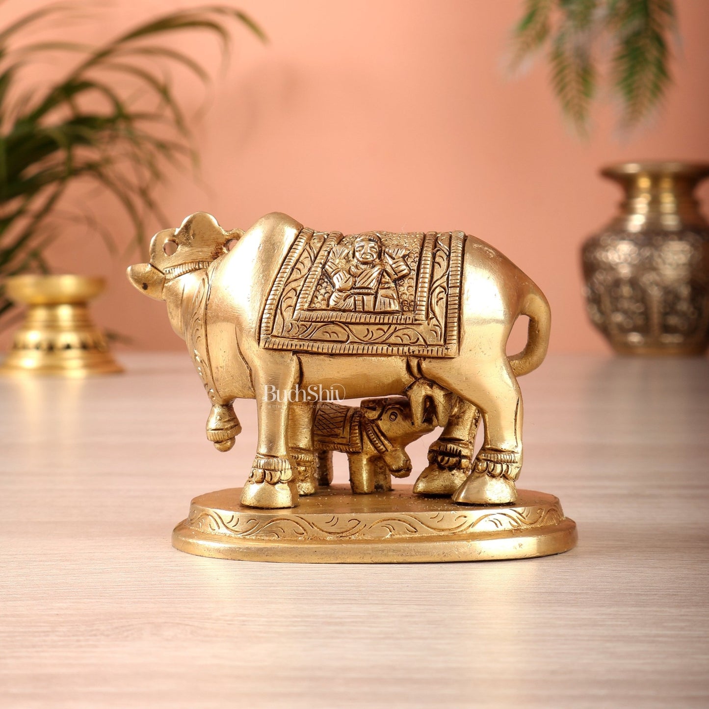 Brass kamdhenu Cow with Calf Idol 3" with ganesh lakshmi carvings - Budhshiv.com