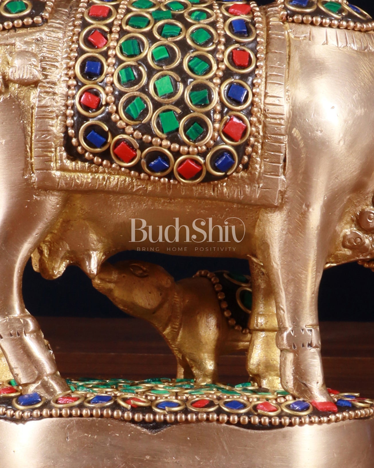 Brass Kamdhenu Cow with Calf Idol – 3.8 Inch with stonework - Budhshiv.com