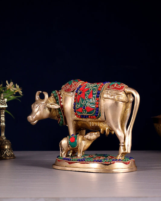 Brass Kamdhenu Cow with Calf Idol – 5" with floral stonework - Budhshiv.com