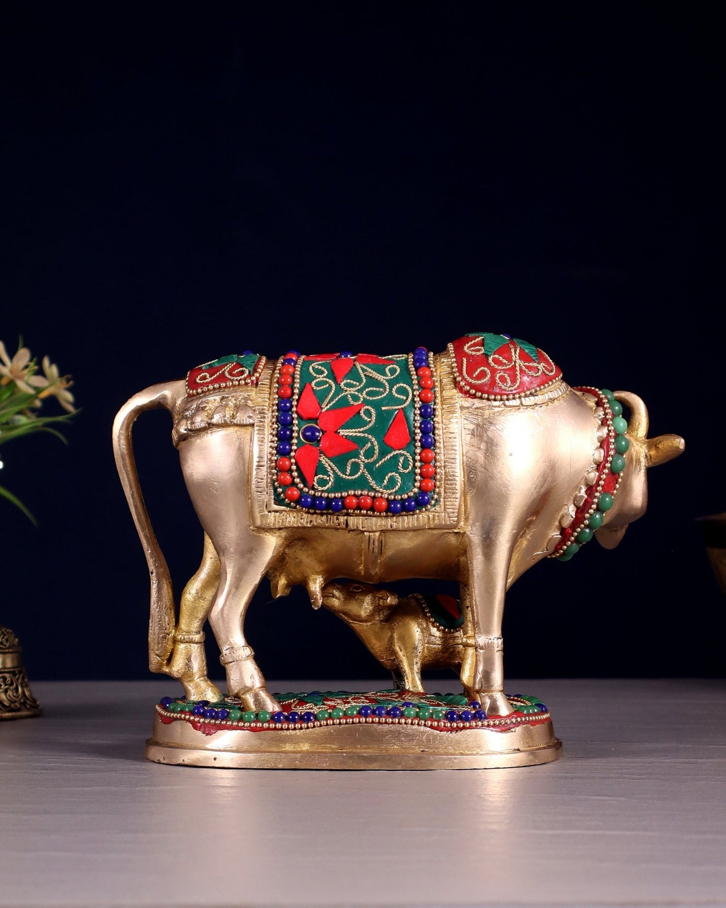 Brass Kamdhenu Cow with Calf Idol – 5" with floral stonework - Budhshiv.com
