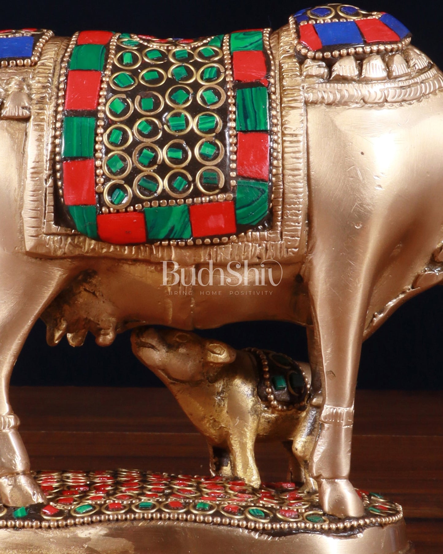 Brass Kamdhenu Cow with Calf Idol – 5" with stonework - Budhshiv.com