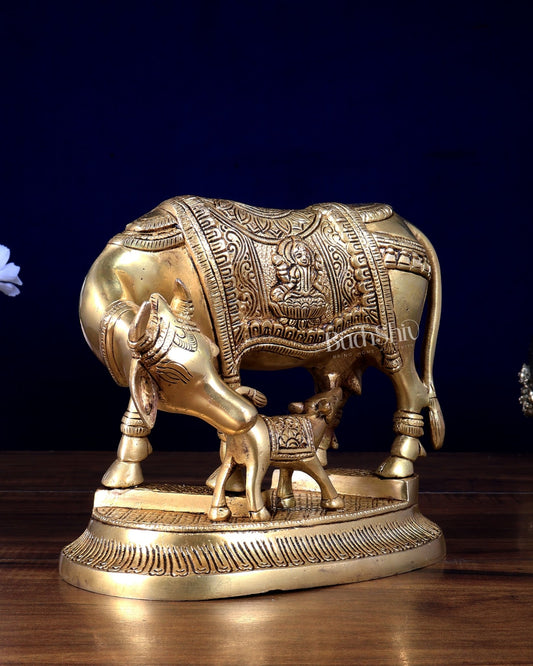 Brass Kamdhenu Cow with Calf Idol – Ganesha & Lakshmi Carvings 7.5 inch - Budhshiv.com