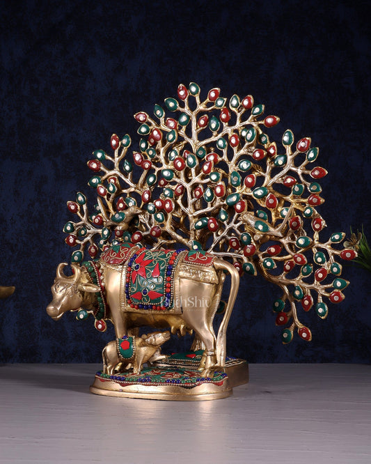 Brass Kamdhenu Cow with Calf & Kalpavriksha Tree of Life Combo – Meenakari Stonework 11" - Budhshiv.com