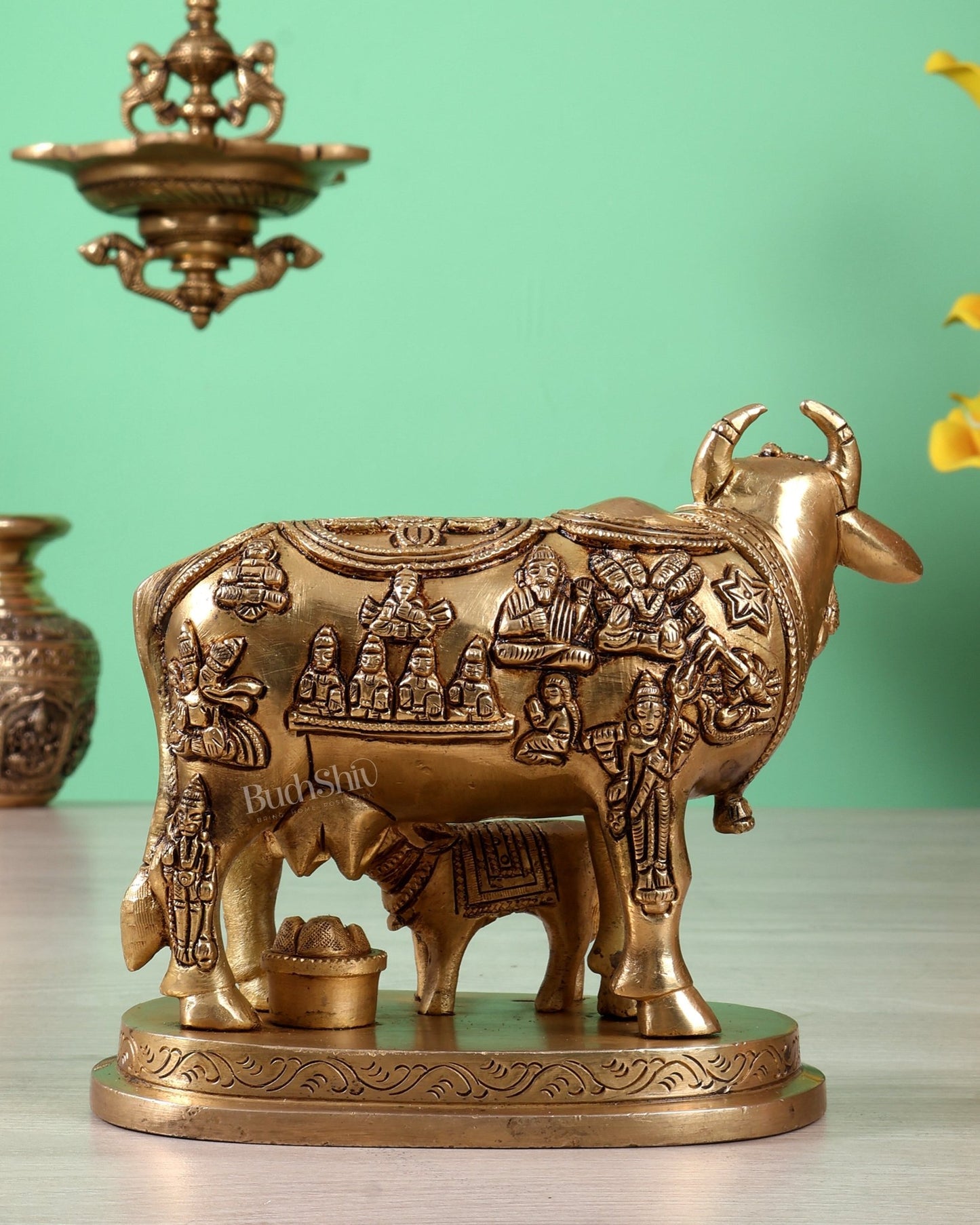 Brass Kamdhenu Cow with Calf Statue with Deities 6.5 inch - Budhshiv.com