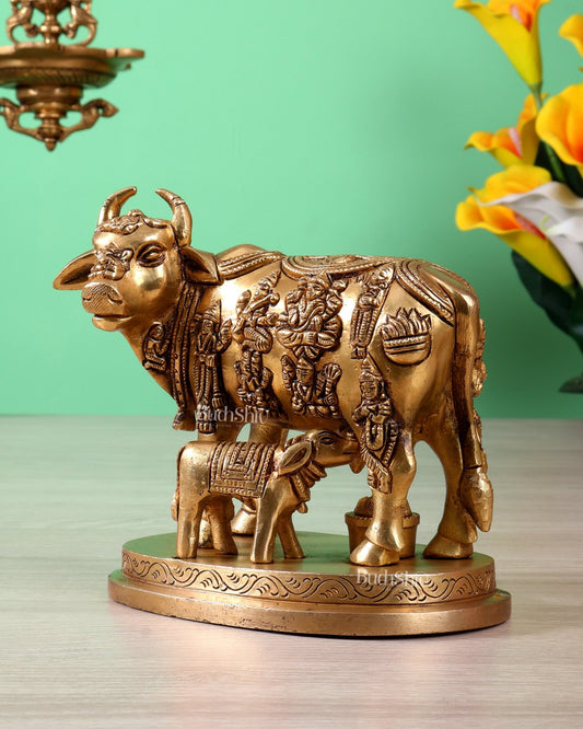 Brass Kamdhenu Cow with Calf Statue with Deities 6.5 inch - Budhshiv.com