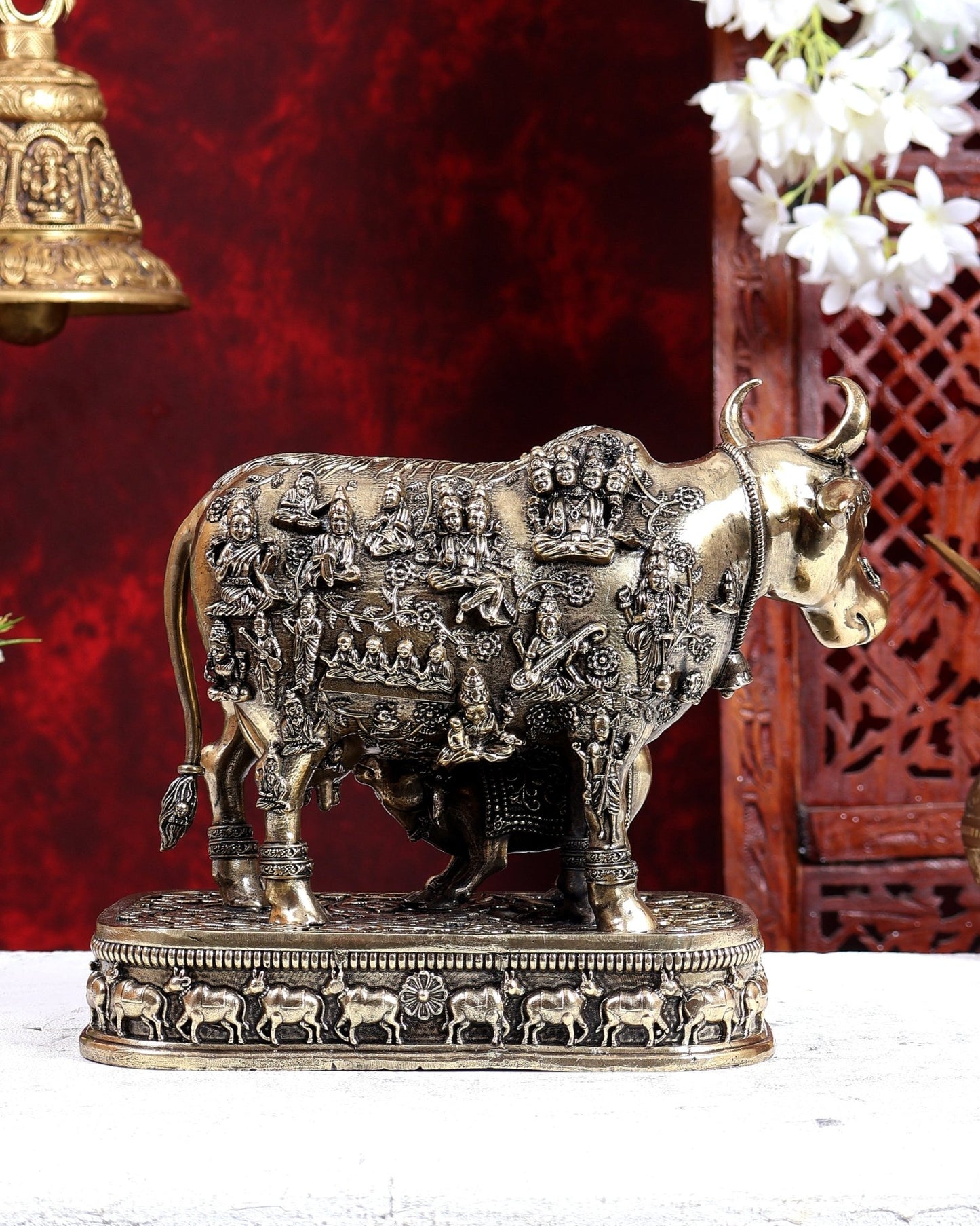 Brass Kamdhenu with Calf – All Gods Engraved Divine Idol 8 inch - Budhshiv.com