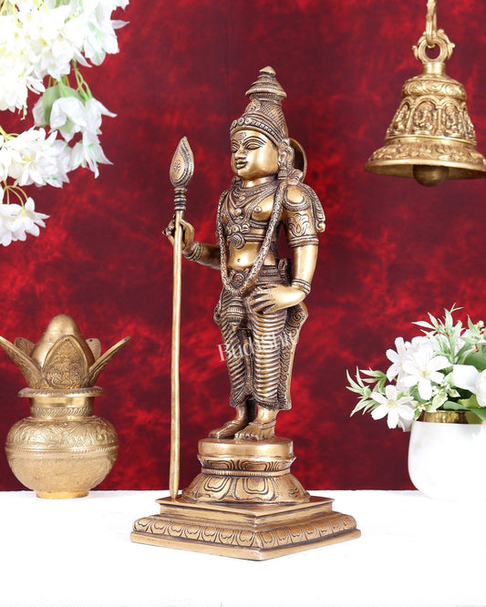 Brass Kartikeya Murugan Swamy Standing Statue – Superfine Divine Sculpture (15 Inch) antique tone - Budhshiv.com