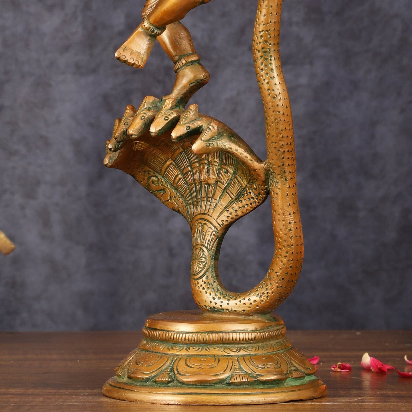 Brass Krishna Dancing on Kaliya Naag Idol - 13.20" Antique Bronze Finish - Budhshiv.com