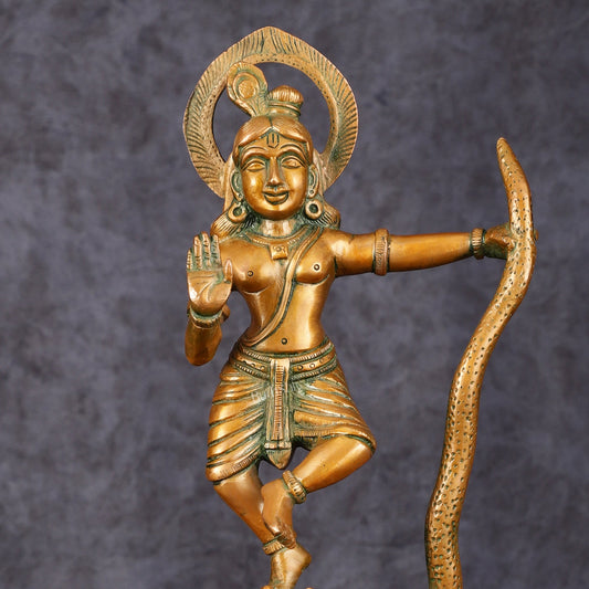 Brass Krishna Dancing on Kaliya Naag Idol - 13.20" Antique Bronze Finish - Budhshiv.com