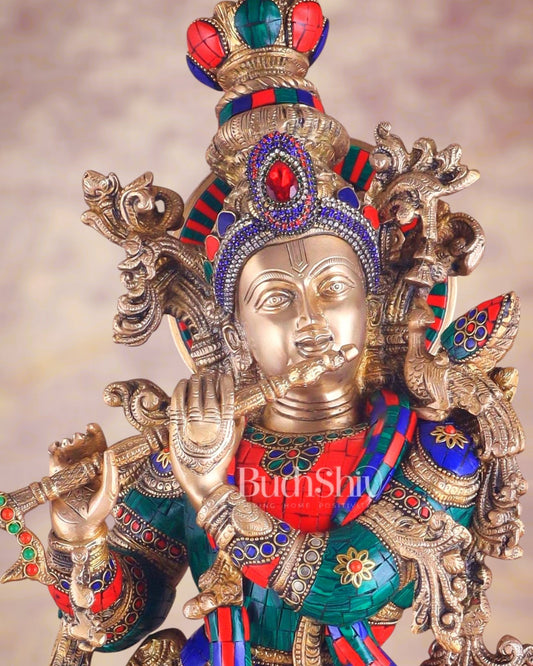 Brass Krishna Idol 30 inch meenakari Stonework - Budhshiv.com