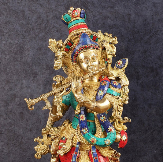 Brass Krishna Idol 30 inch meenakari - Budhshiv.com