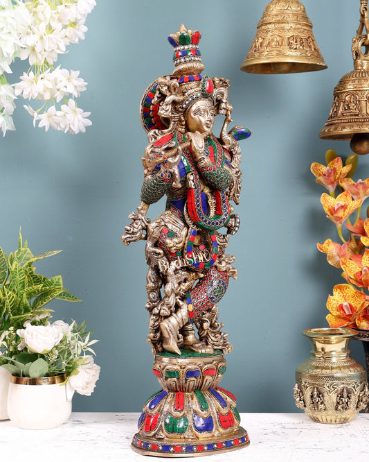 Brass Krishna Playing Flute Statue - 24 Inch - Budhshiv.com