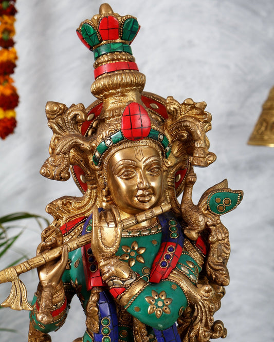 Brass Krishna Playing Flute Statue - 24 Inch - Budhshiv.com