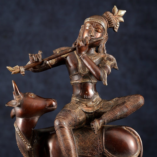 Brass Krishna Seated on Cow Statue Vintage Copper tone | 21" - Budhshiv.com