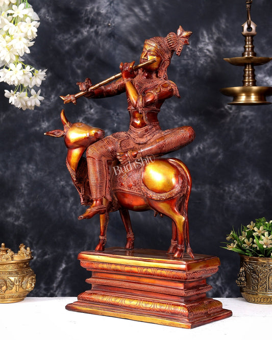 Brass Krishna sitting on Cow Statue| 21 inch fiery red finish - Budhshiv.com