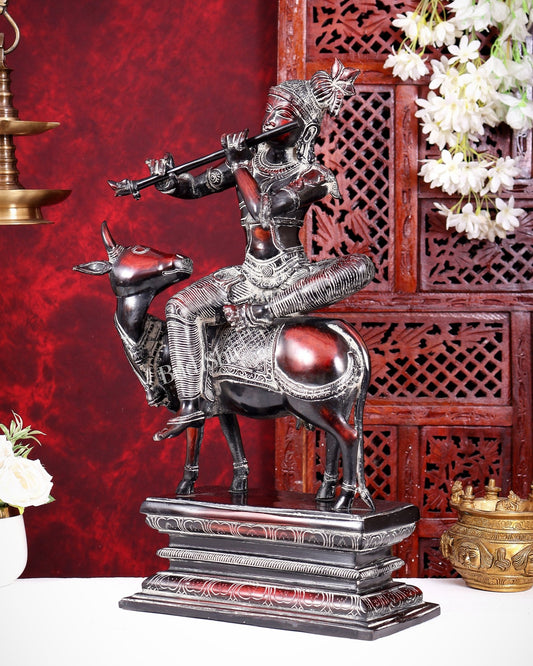 Brass Krishna sitting on Cow Statue| 21 inch grey red and black - Budhshiv.com