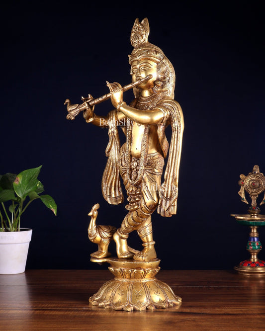 Brass Krishna Standing on a Lotus Base – Pure Brass Unique Sculpture 19" - Budhshiv.com