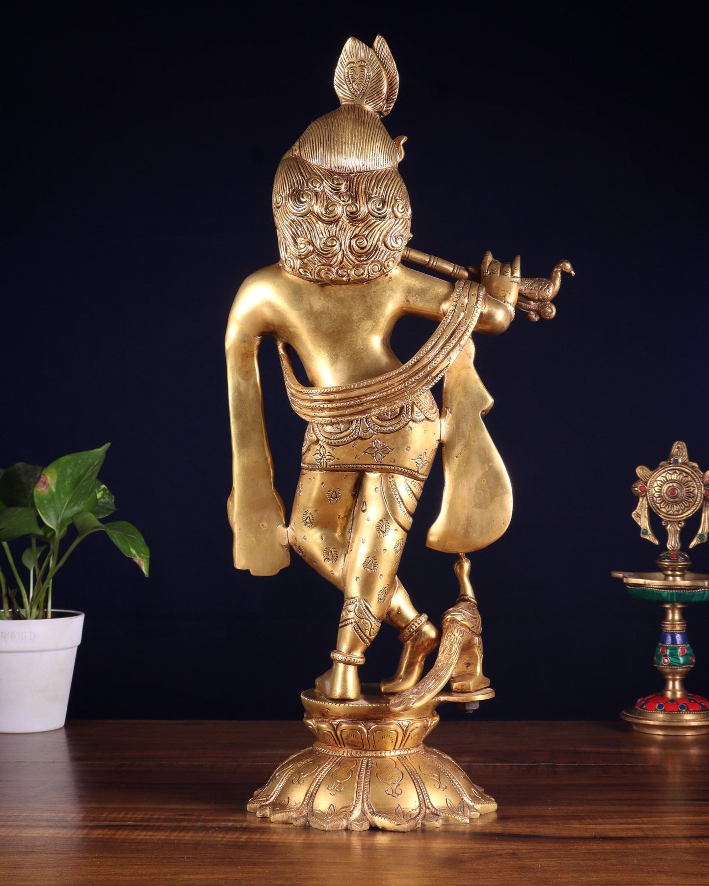 Brass Krishna Standing on a Lotus Base – Pure Brass Unique Sculpture 19" - Budhshiv.com
