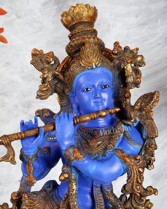 Brass Krishna Statue – Celestial Blue Tone Handcrafted Masterpiece (30 Inches) - Budhshiv.com
