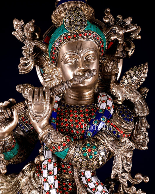 Brass Krishna Statue with Lotus Base | 27 Inch stonework - Budhshiv.com