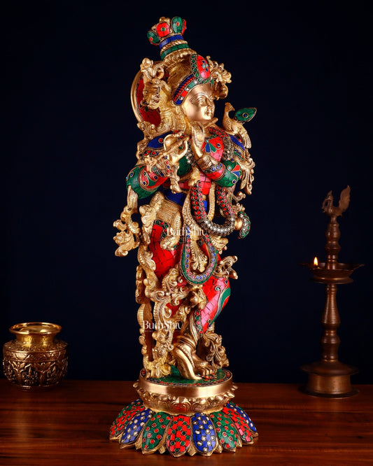 Brass Krishna Statue with Lotus Base | 27 Inch - Budhshiv.com